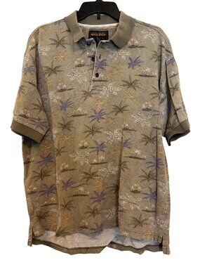 vintage Woolrich Mens Sage Palms Polo Shirt L Palm Tree Print 100% Cotton